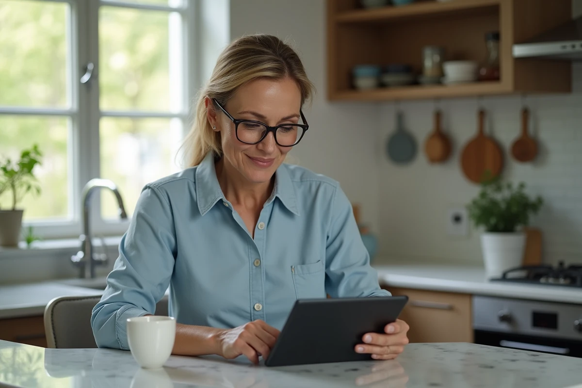 Femme organis&eacute;e utilisant une tablette dans une cuisine lumineuse