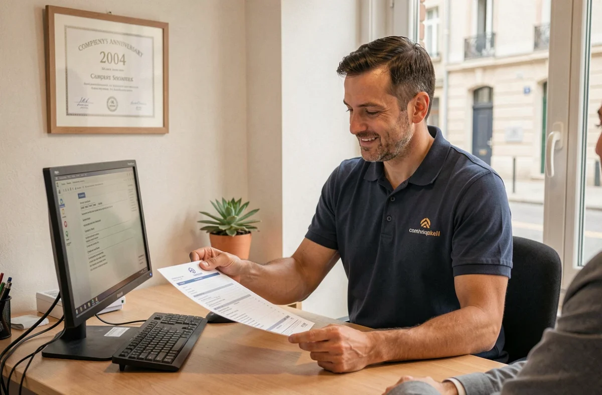 Technicien d'Abilitech Informatique présentant un contrat de maintenance à un client en Seine-et-Marne