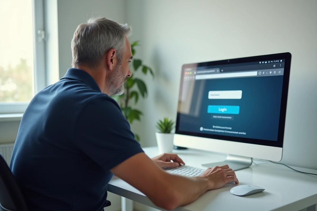 Homme accédant à la messagerie professionnelle APHP en télétravail sur ordinateur de bureau