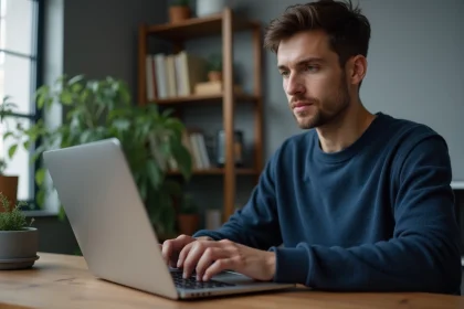 Homme connecté à sa messagerie webmail AC Strasbourg depuis un bureau à domicile