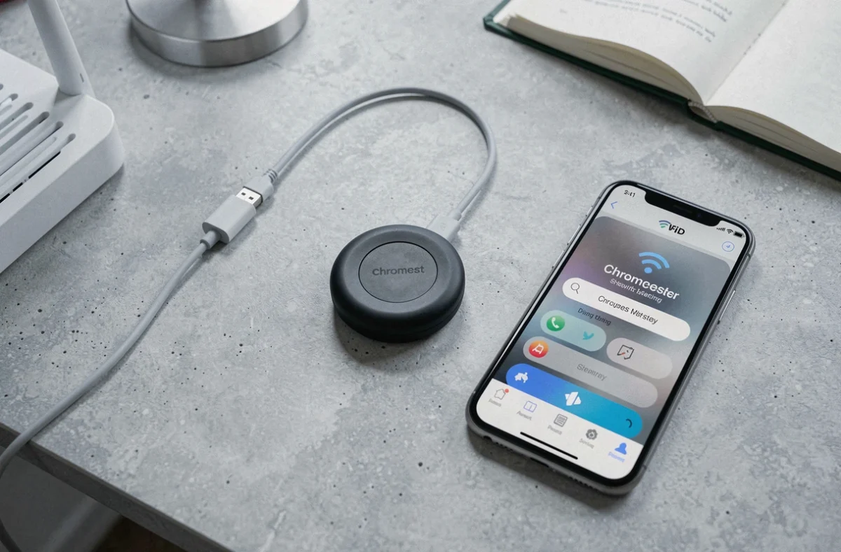 Vue de dessus des accessoires nécessaires pour installer un Chromecast sans télécommande : dongle, câble USB, routeur Wi-Fi et smartphone