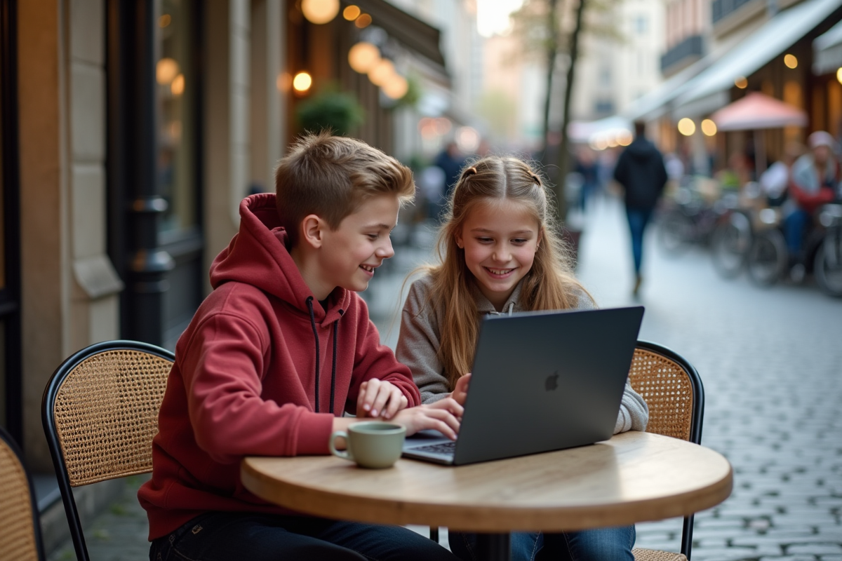 Adolescents discutant code dans un café en plein air