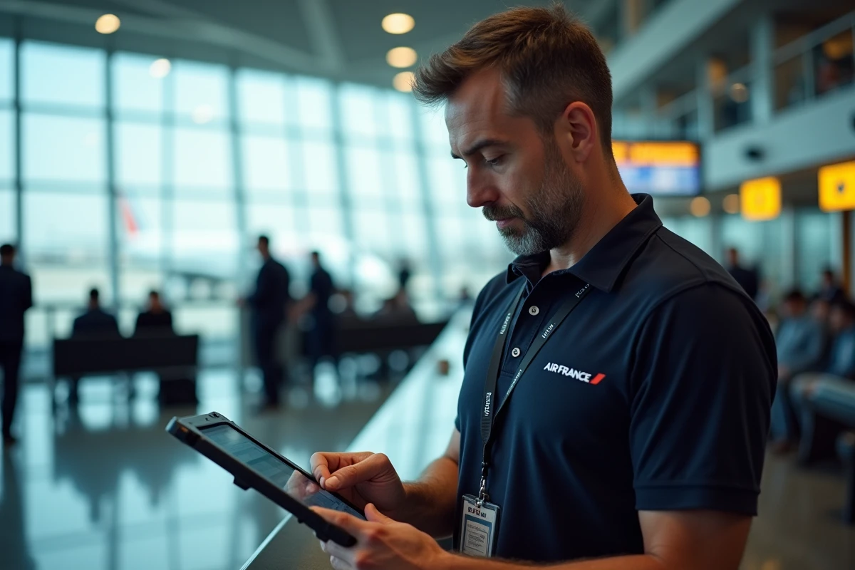 Agent au sol Air France consultant GPNet sur tablette à la porte d'embarquement