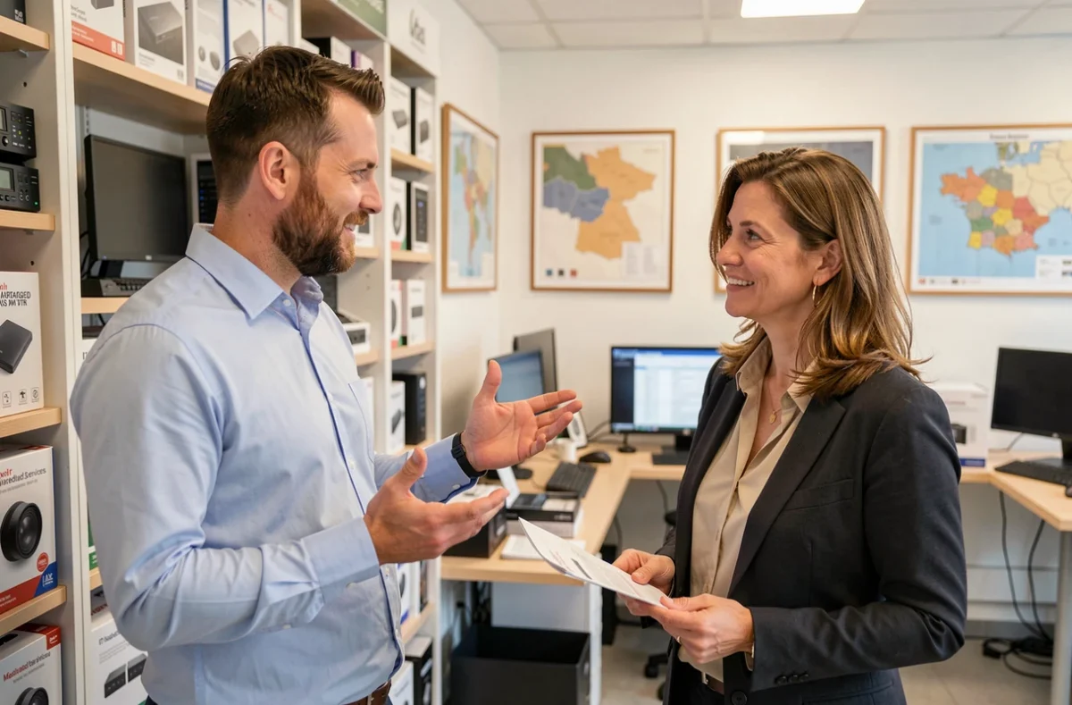Conseiller d'Alsace Micro Services présentant du matériel informatique à une cliente dans une boutique spécialisée en infogérance en Alsace