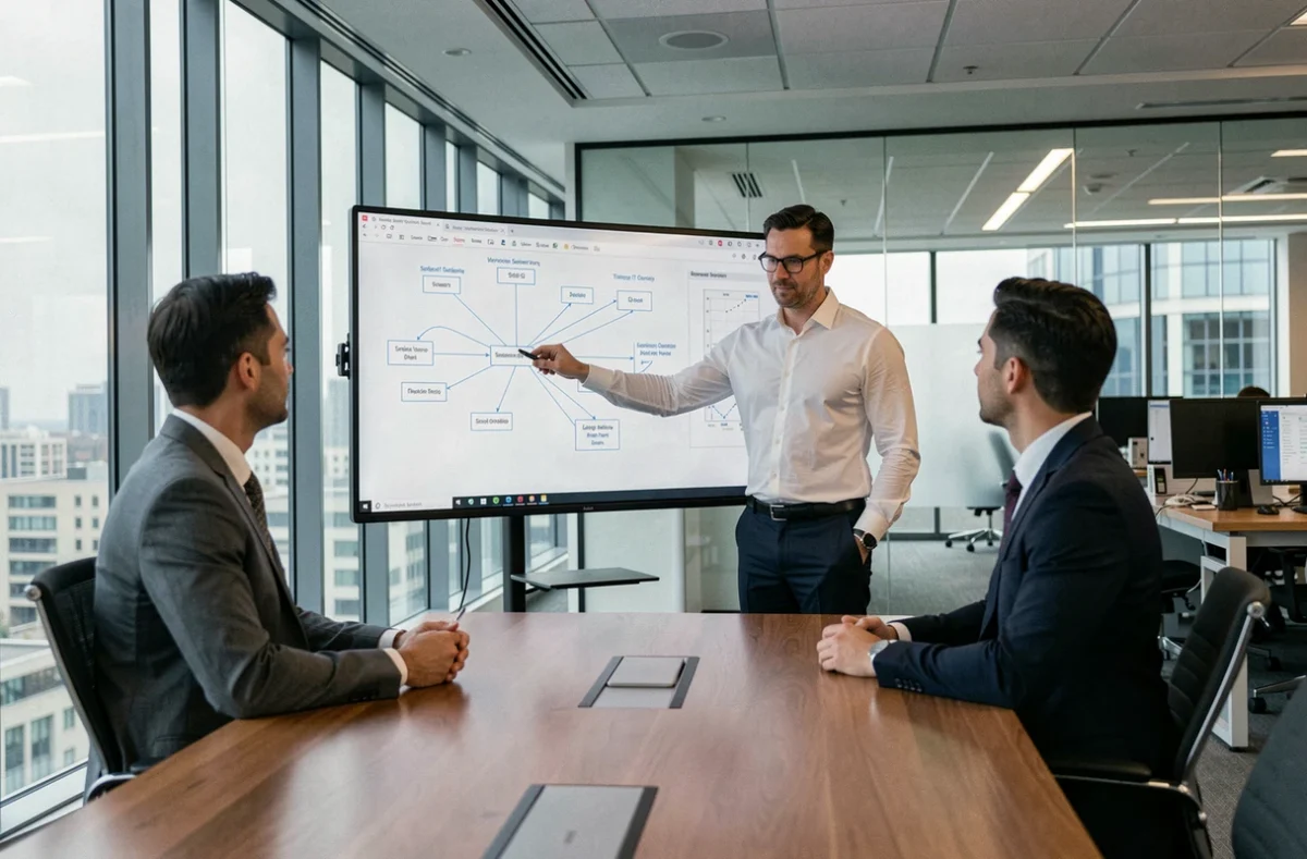 Professionnel APS Solutions Informatiques présentant une solution réseau à des clients professionnels