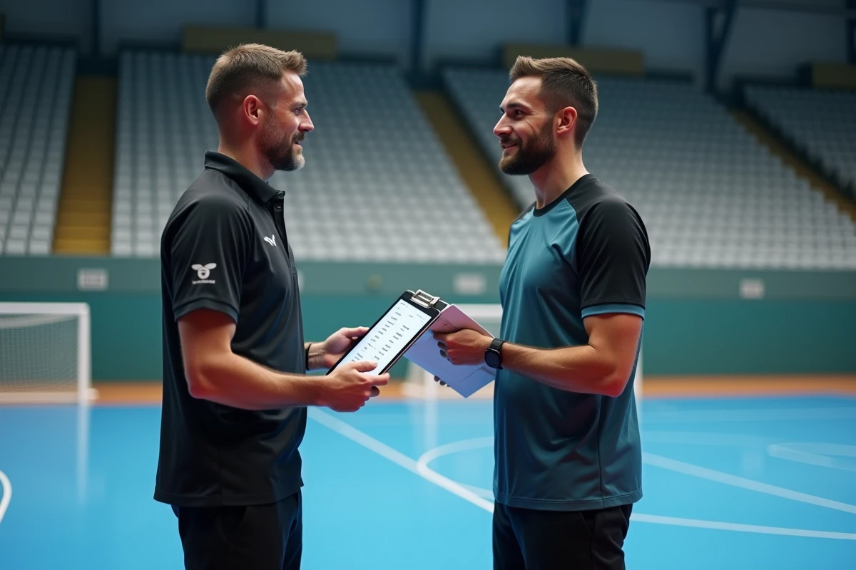 Arbitre et entraîneur d'un club de handball consultant une liste de joueurs sur tablette numérique avant le début d'un match officiel