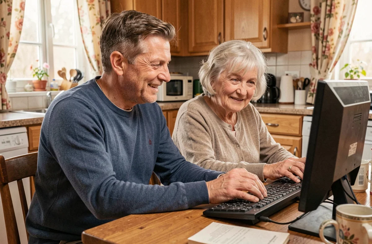 Technicien Assistance Informatique pour Particuliers aidant une personne âgée à utiliser son ordinateur à Tours