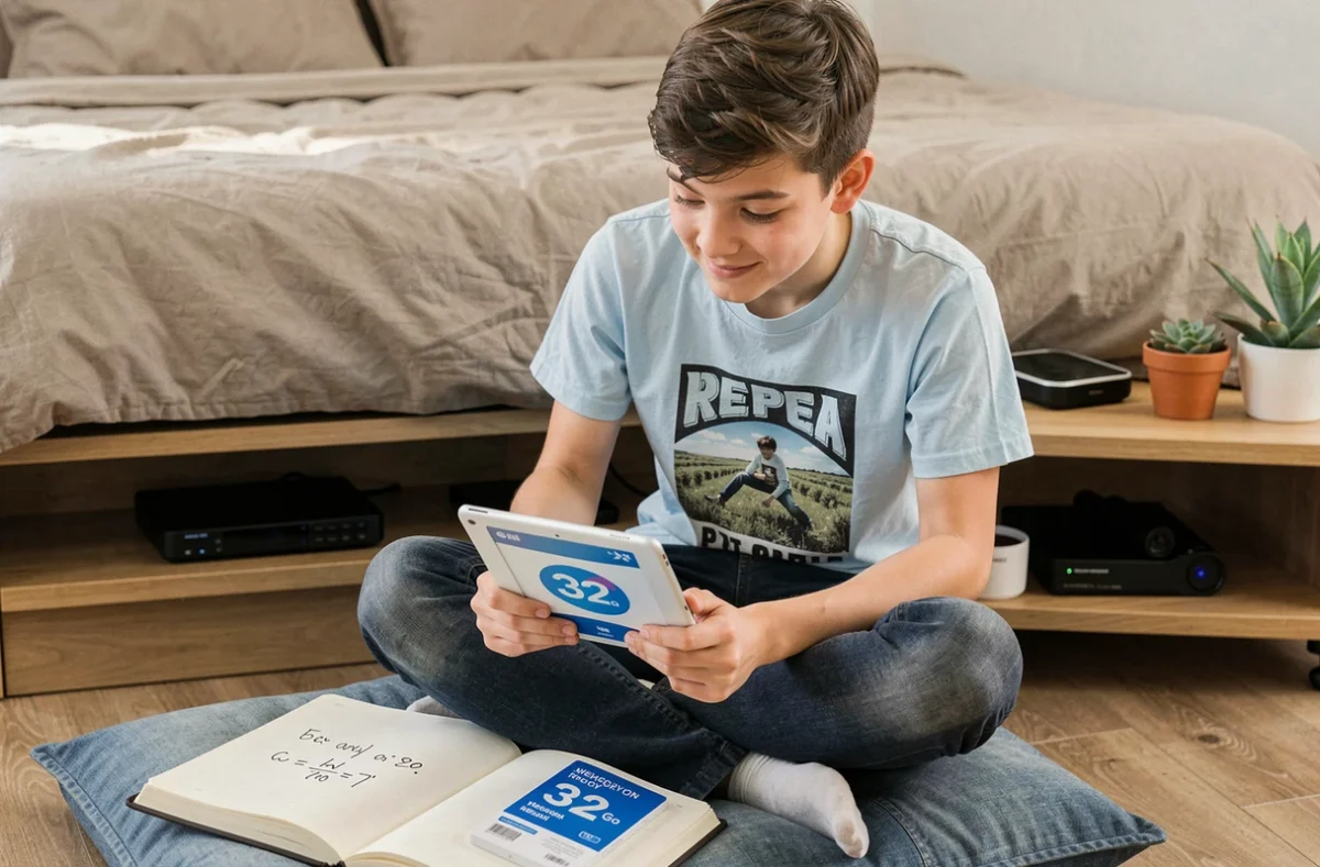 Adolescent consultant une formule de conversion Go en GB sur une tablette avec un carnet de notes manuscrit