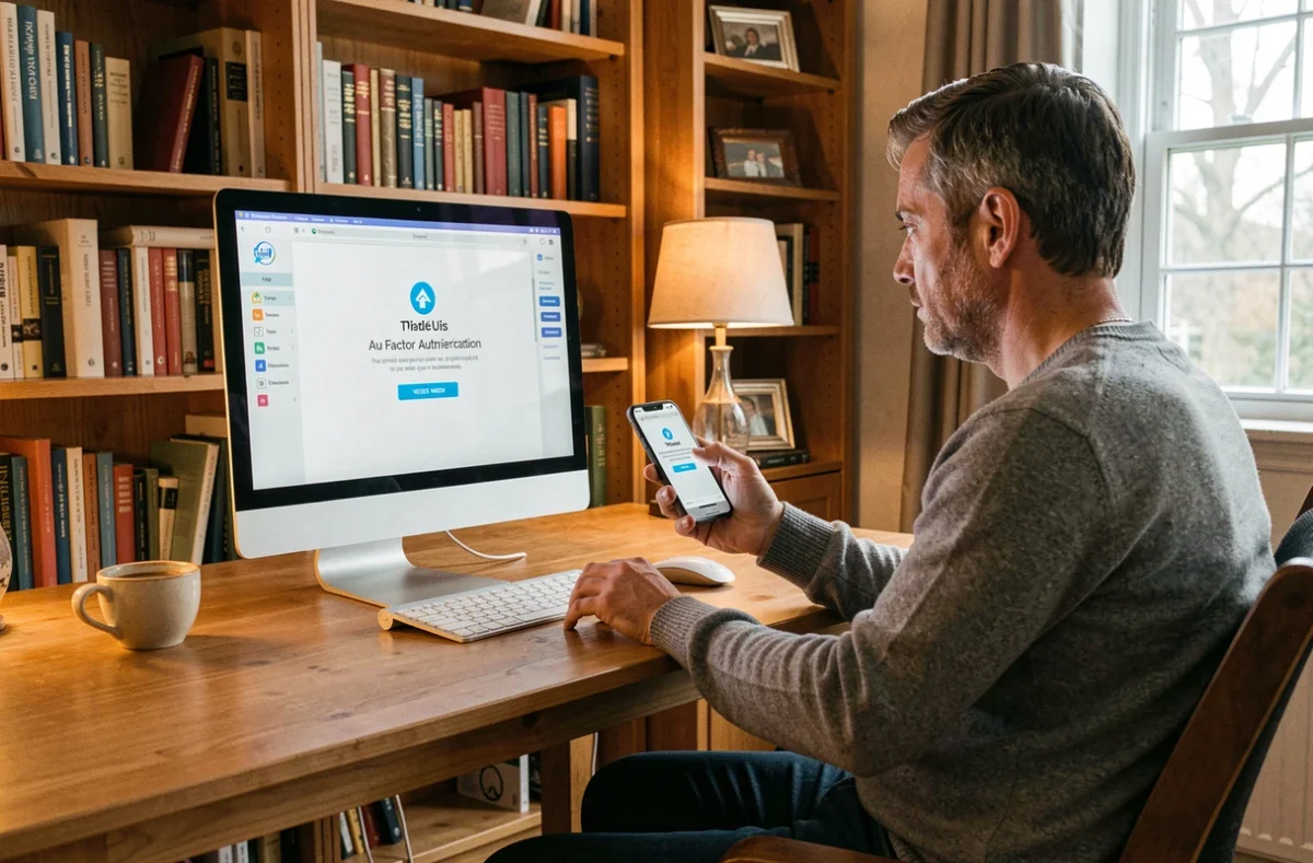 Homme utilisant l'authentification à deux facteurs pour protéger son compte webmail depuis son bureau à domicile