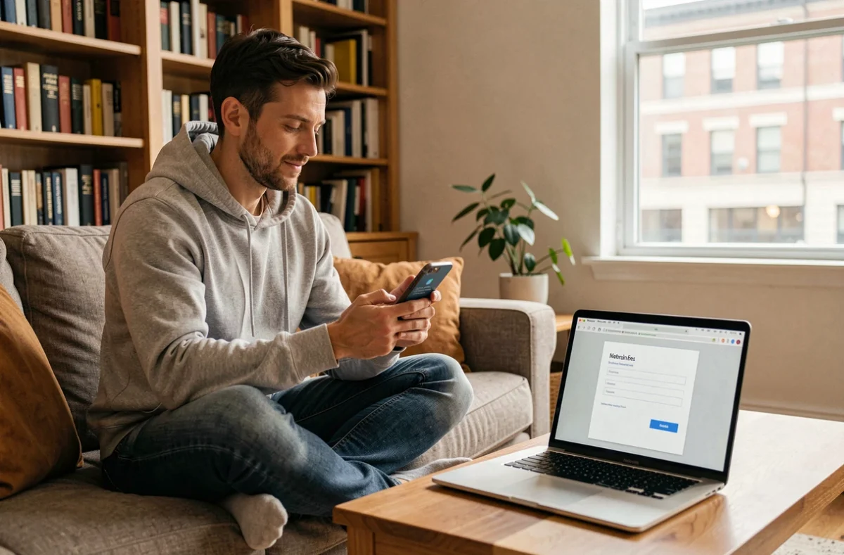 Homme utilisant l'authentification à deux facteurs sur smartphone pour sécuriser son accès webmail à domicile