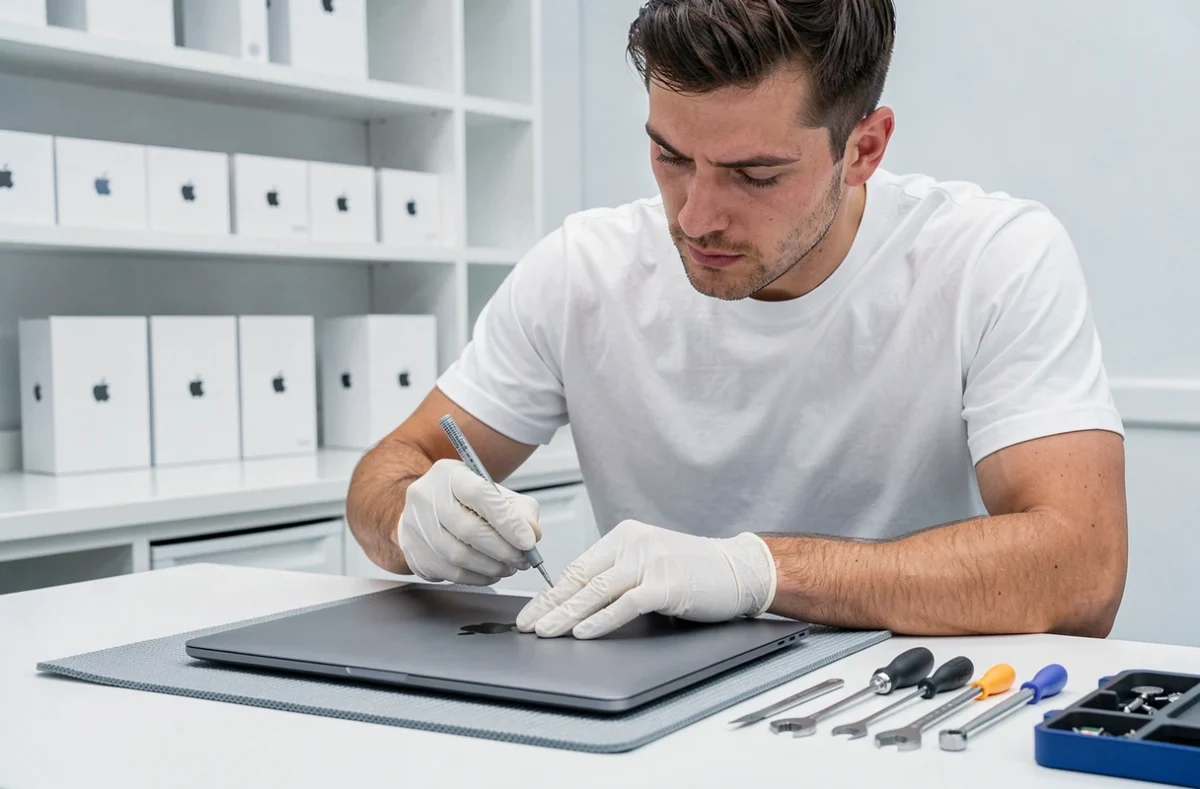 Technicien Briault Informatique réparant un MacBook Pro dans un atelier spécialisé Apple à Tours
