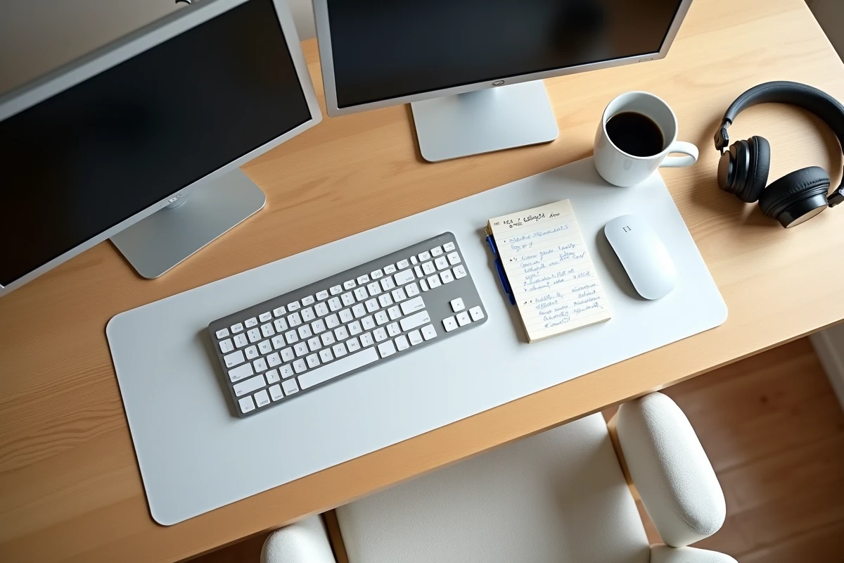 Vue de dessus d'un bureau de télétravail avec deux écrans 24 pouces, clavier sans fil et accessoires bien organisés