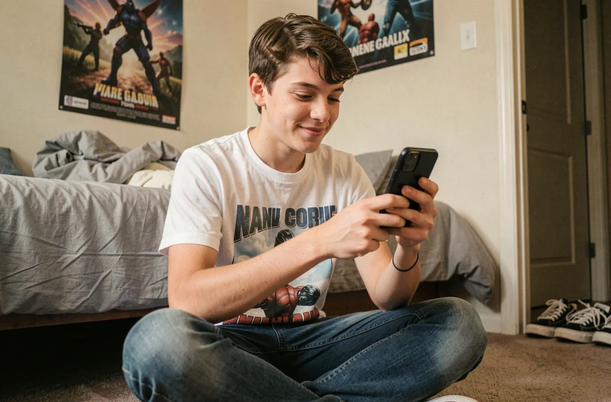 Adolescent effectuant un glissement de paume pour capturer l'écran de son Samsung Galaxy dans sa chambre