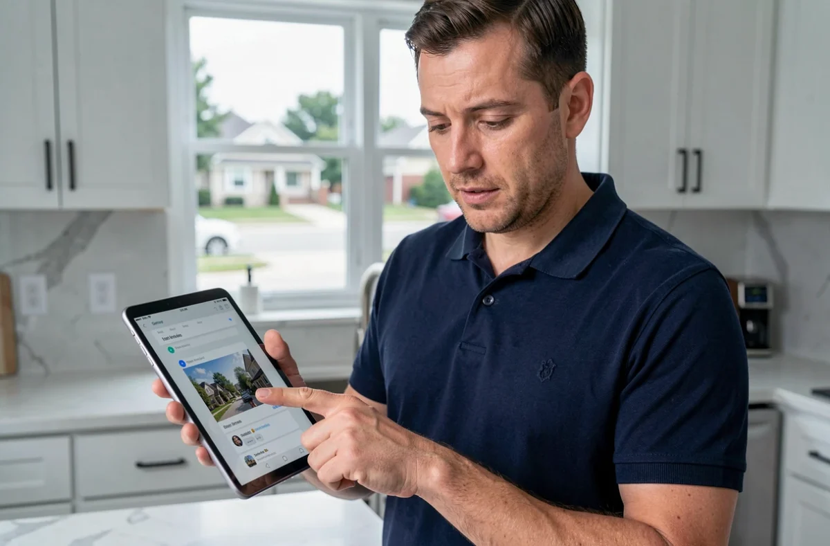 Homme utilisant le panneau de notification d'une tablette Samsung pour réaliser une capture d'écran dans une cuisine moderne