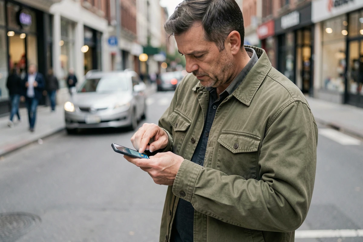 Homme changeant la carte SIM de son Xiaomi dans la rue pour activer un nouveau forfait 5G