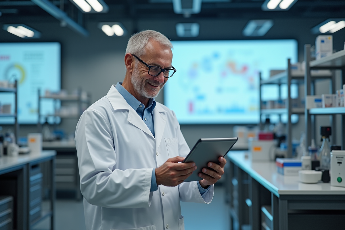 Chercheur en laboratoire examinant une tablette avec un sourire réfléchi