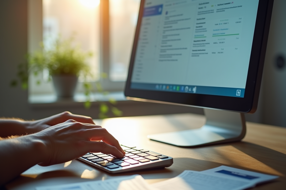 Mains tapant sur un clavier devant une boîte mail organisée