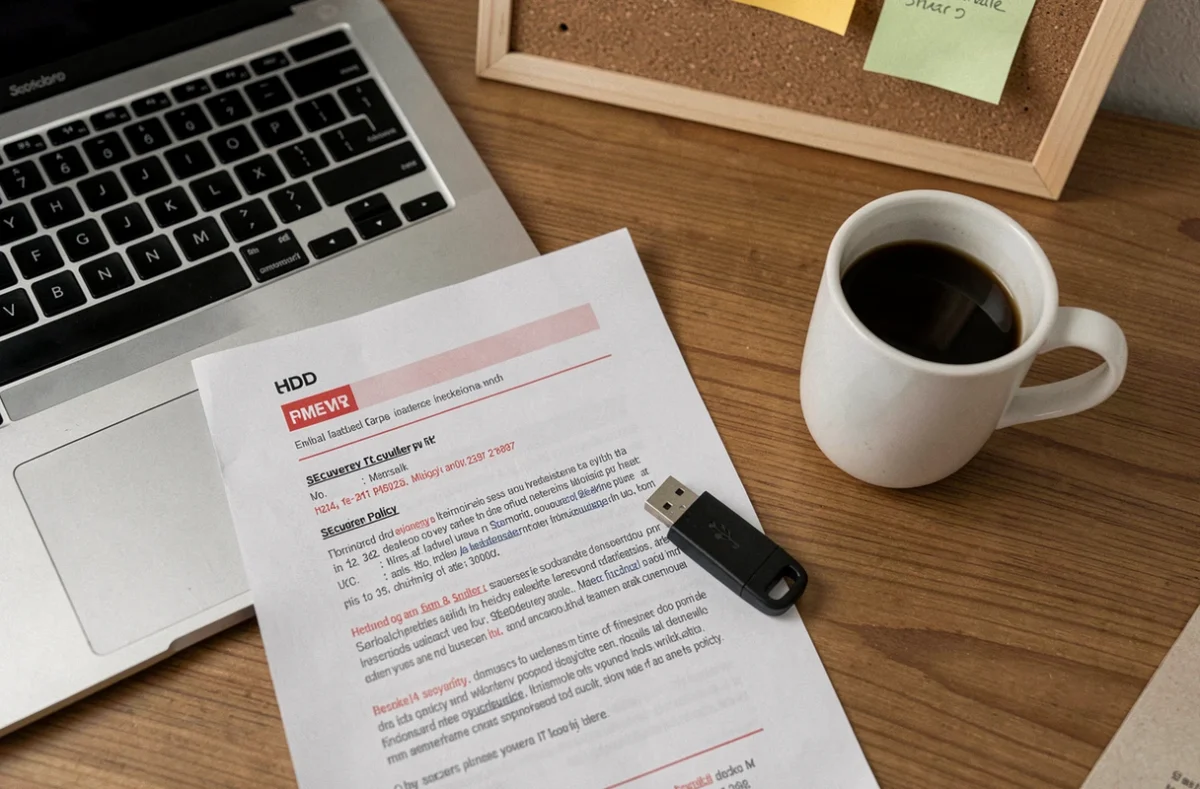 Vue aérienne d'un bureau avec clé de sécurité USB, clavier d'ordinateur et documents liés à la protection des données webmail