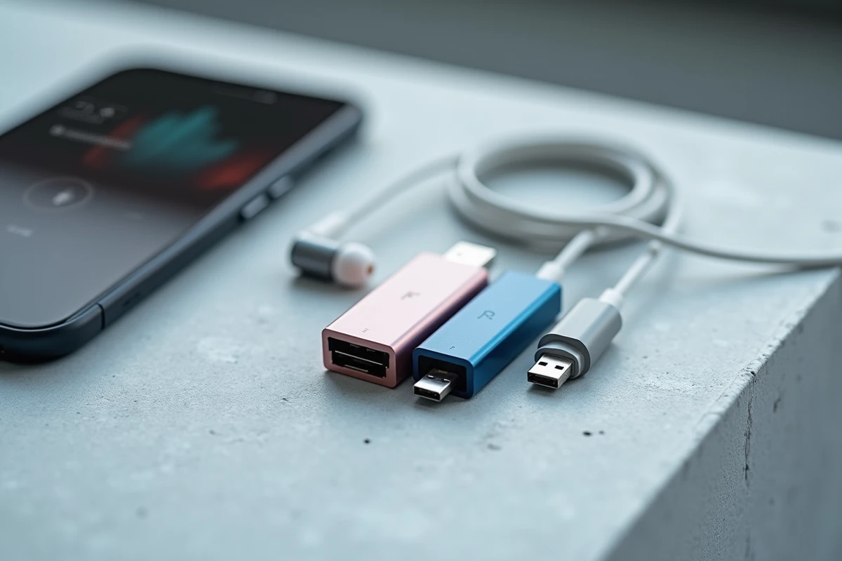Clés USB et écouteurs sur bureau minimaliste illustrant le stockage de musique téléchargée gratuitement