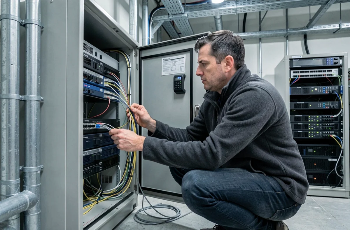 Ingénieur réseau câblant un panneau de brassage dans une armoire réseau pour assurer le support d'infrastructure