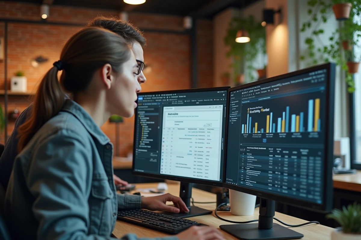 Deux collègues analysant ensemble des formules de pourcentage et des erreurs sur Excel dans un espace de coworking