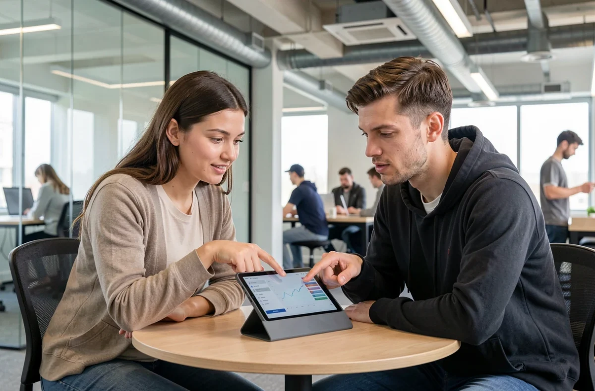 Deux collègues discutant des possibilités et limites d'une intelligence artificielle autour d'une tablette dans un espace de coworking