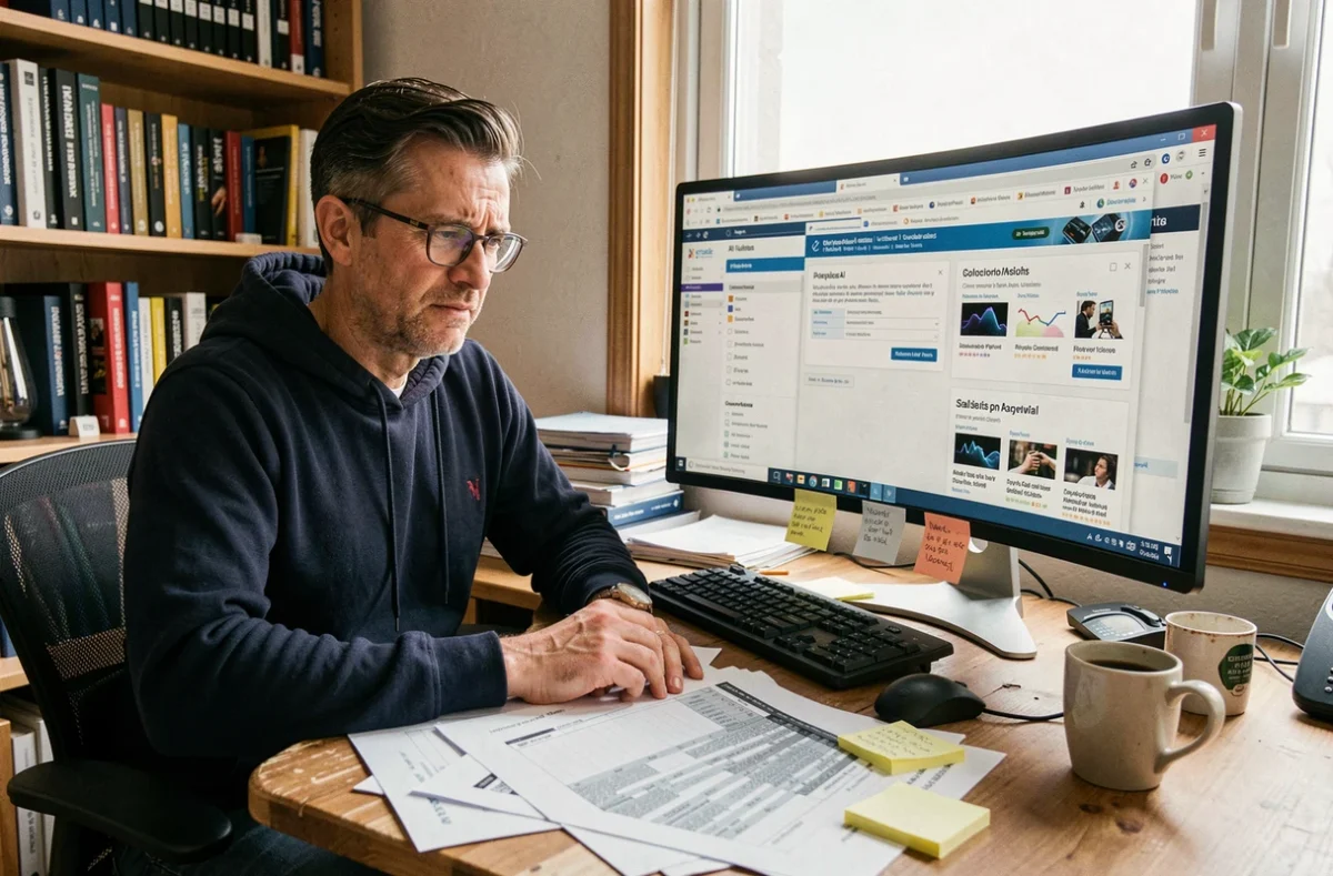 Homme comparant les limites d'usage et les prix des abonnements Chat GPT 5 dans un bureau à domicile encombré