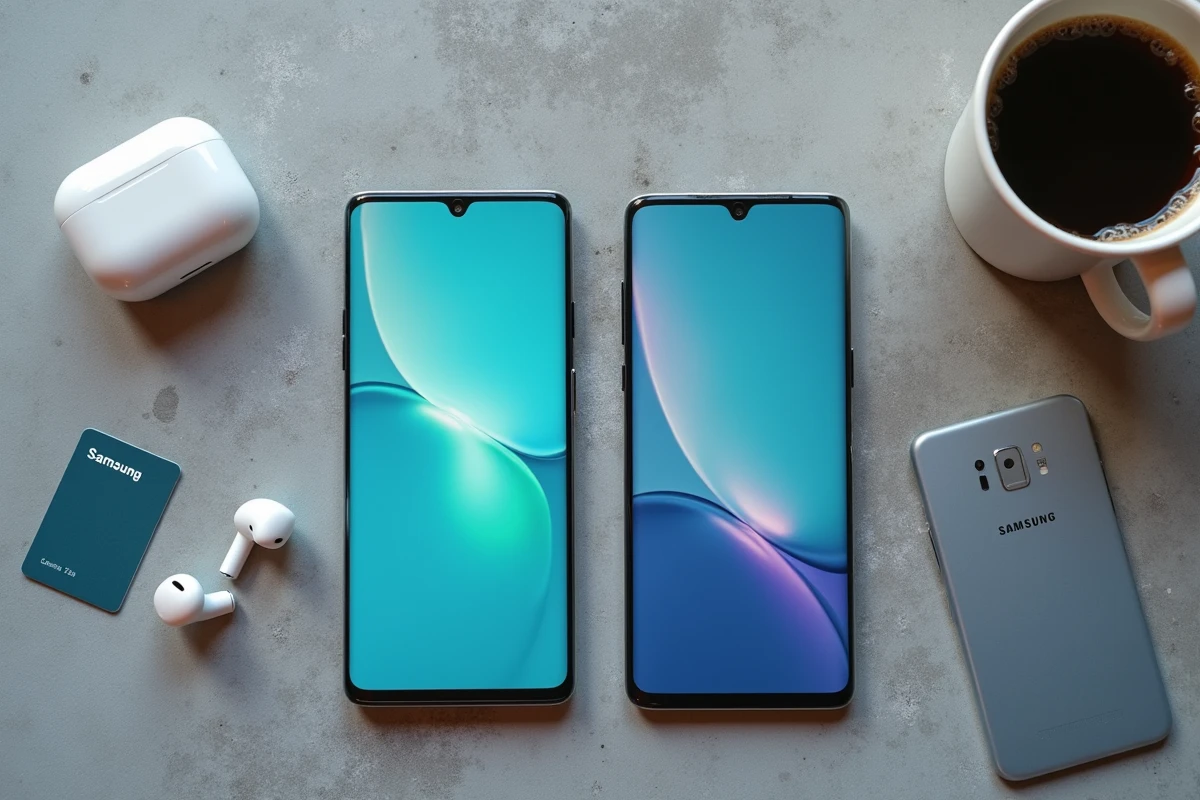 Comparaison côte à côte de deux Samsung Galaxy S24 FE avec différentes capacités de stockage 128 Go et 256 Go posés sur une surface en béton