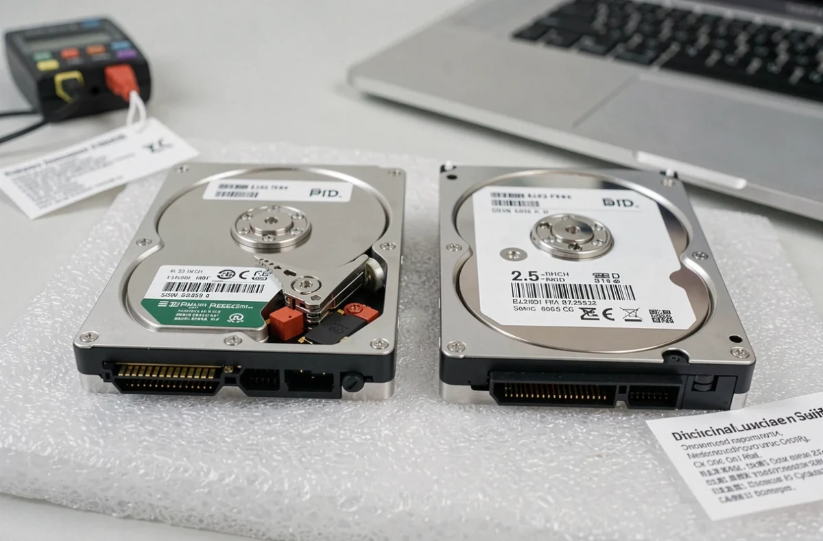 Comparaison côte à côte d'un SSD 2,5 pouces et d'un HDD 3,5 pouces sur une surface anti-statique
