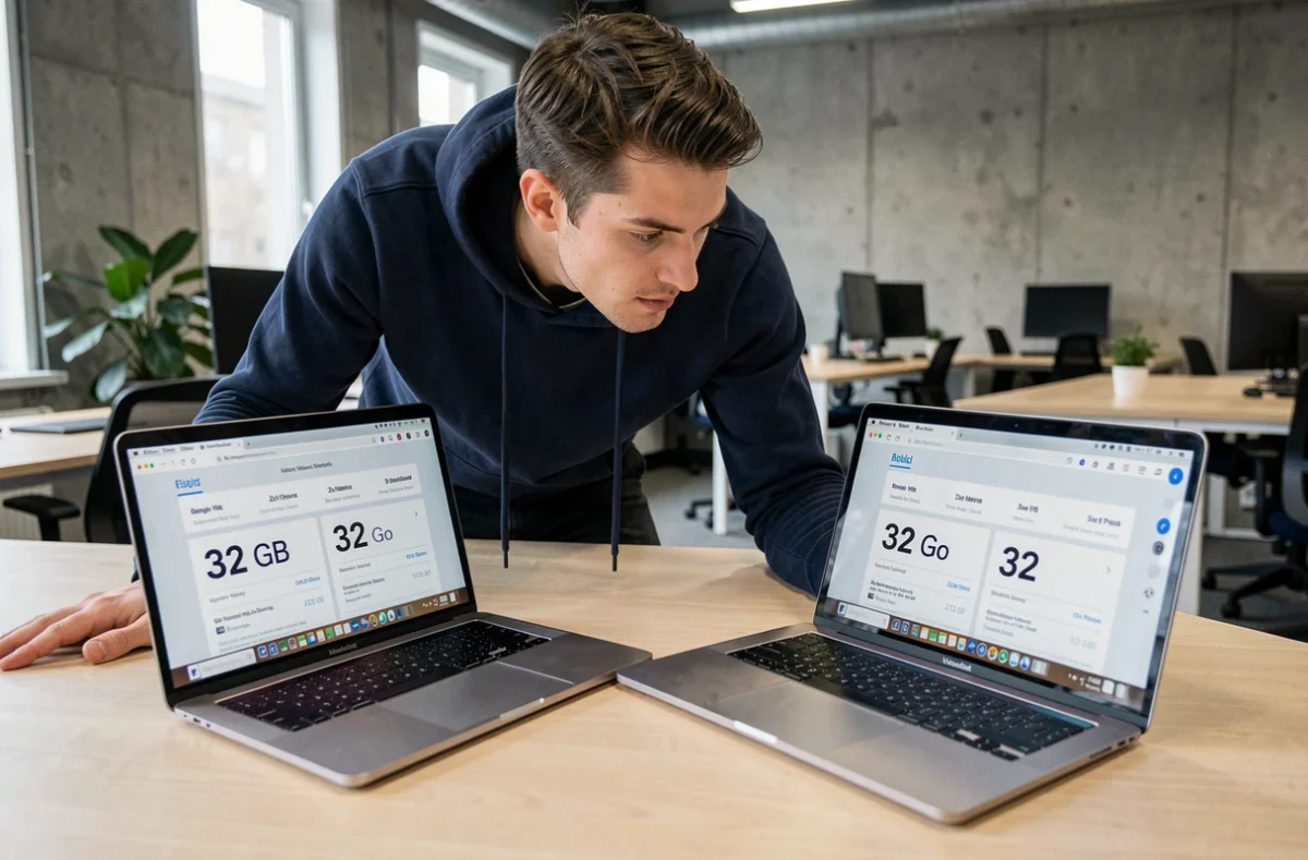 Homme comparant des spécifications de stockage en Go et GB sur deux ordinateurs portables dans un espace de coworking