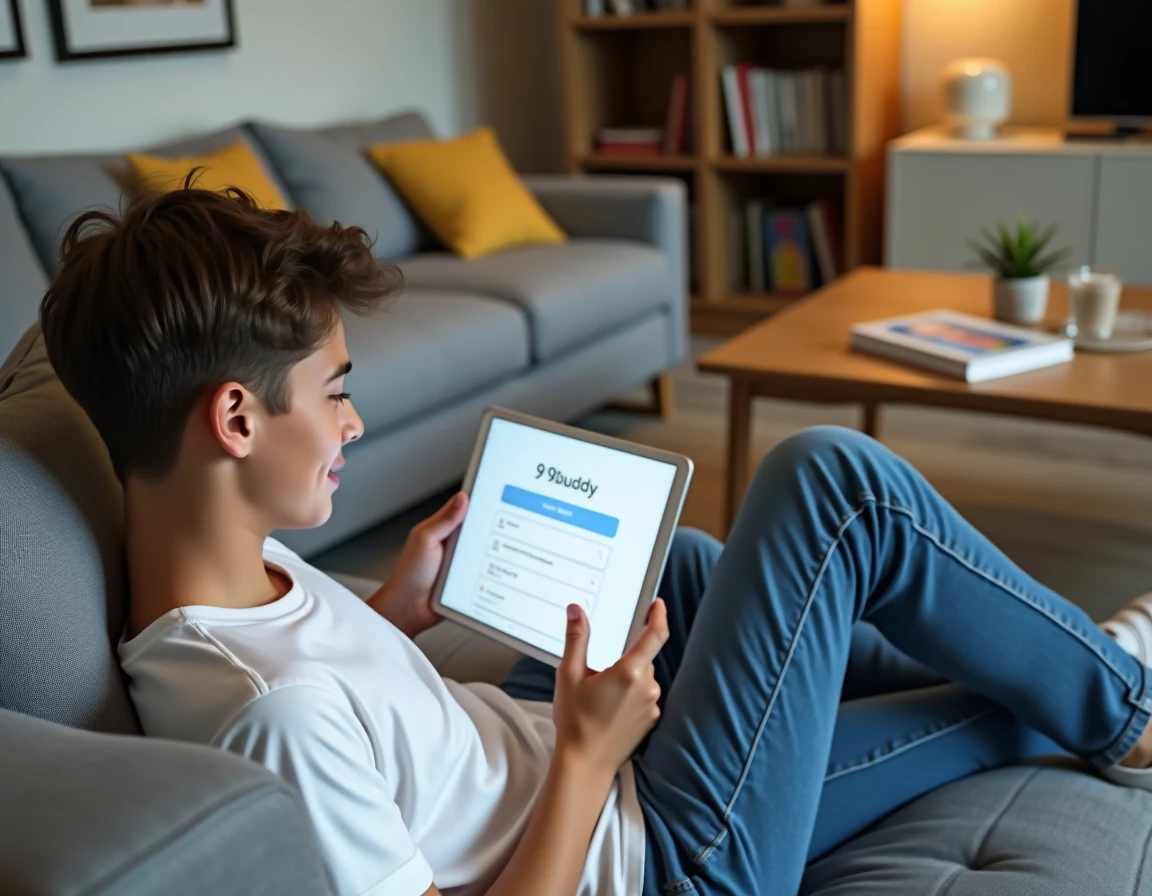 Adolescent configurant l'application 9buddy sur tablette Android dans un salon, guide pas à pas pour débutants