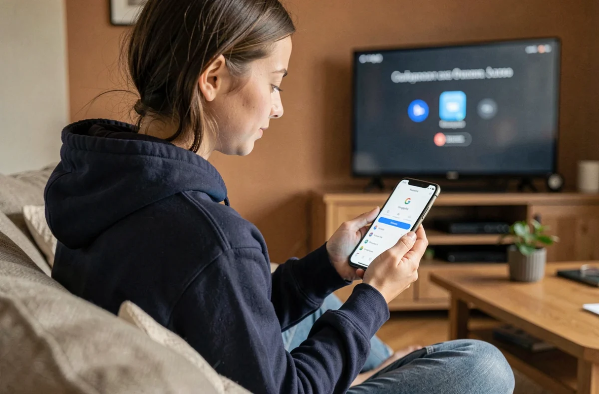 Femme utilisant l'application Google Home sur smartphone pour configurer un Chromecast sans télécommande