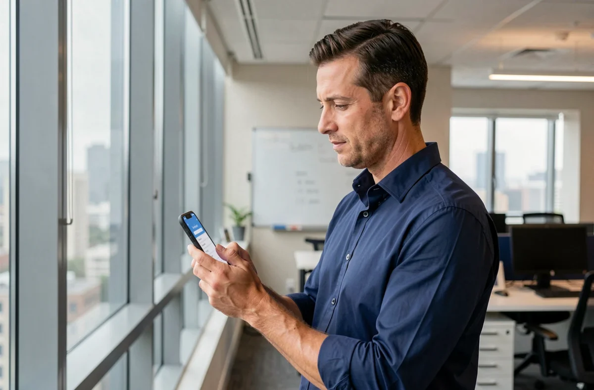 Homme configurant un compte Webmail Toulouse sur iPhone dans un environnement de bureau professionnel