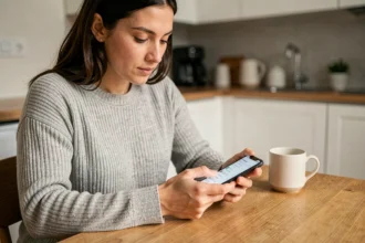 Femme configurant sa messagerie Webmail Toulouse sur un smartphone Android dans une cuisine moderne