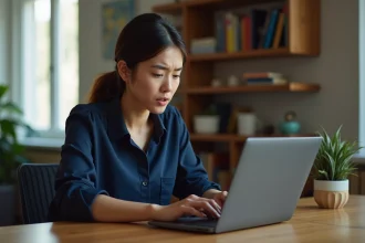 Femme frustrée devant un écran d'ordinateur portable affichant un webmail qui charge lentement dans un bureau à domicile