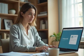 Femme connectée à distance à la messagerie APHP depuis son bureau à domicile
