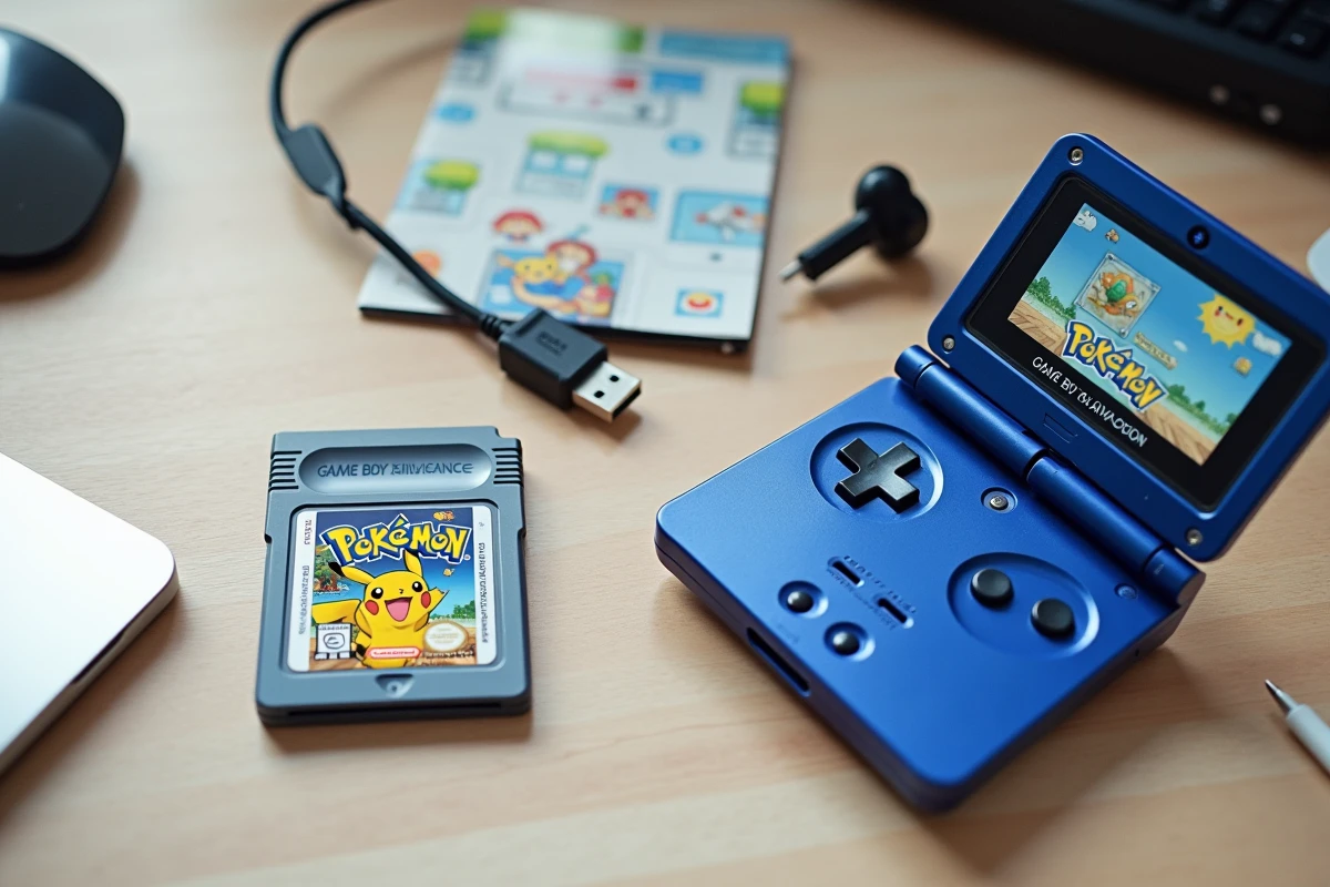 Vue de dessus d'une console Game Boy Advance avec cartouche Pokémon en français et un téléphone Android affichant un émulateur GBA