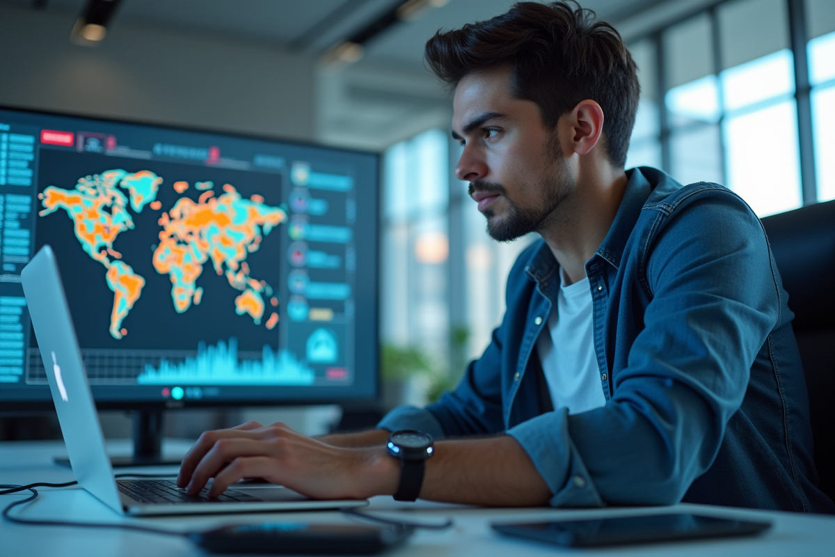 Jeune consultant en cybersécurité travaillant sur un ordinateur dans un bureau lumineux