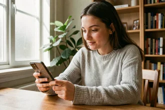 Jeune femme consultant un profil Instagram sur smartphone à son bureau à domicile