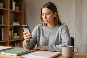 Femme convertissant mentalement 32 Go en gigaoctets sur son smartphone dans un bureau à domicile
