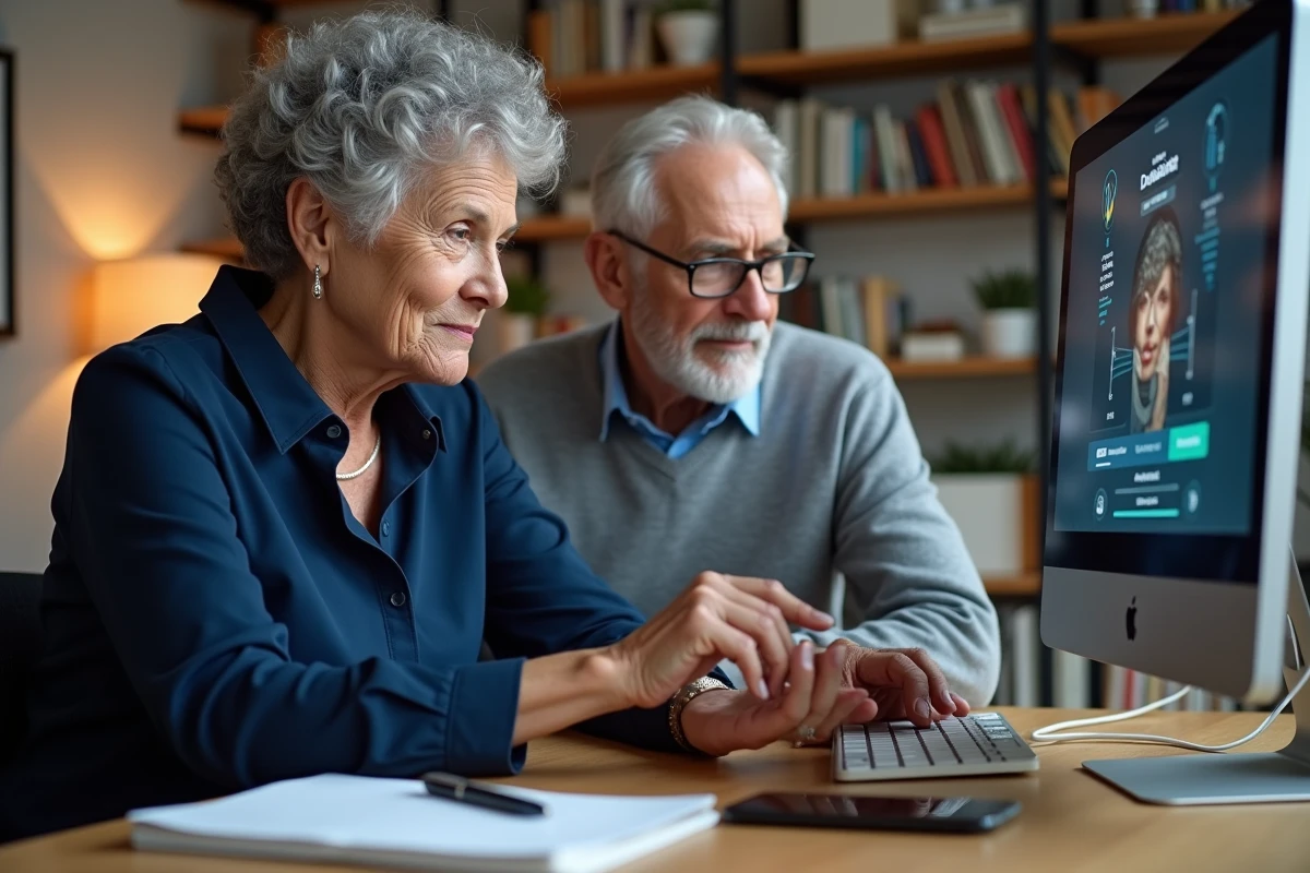 Couple de seniors apprenant ensemble à télécharger de la musique sur un lecteur MP3 devant un ordinateur dans un bureau à domicile