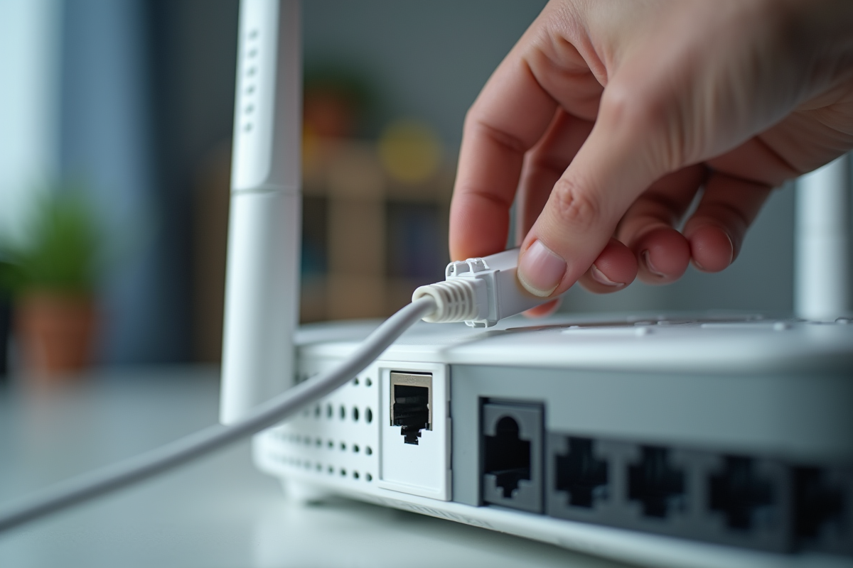 Main débranchant un câble Ethernet du routeur blanc