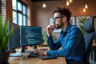 Jeune developpeur en train de revoir du code sur deux écrans