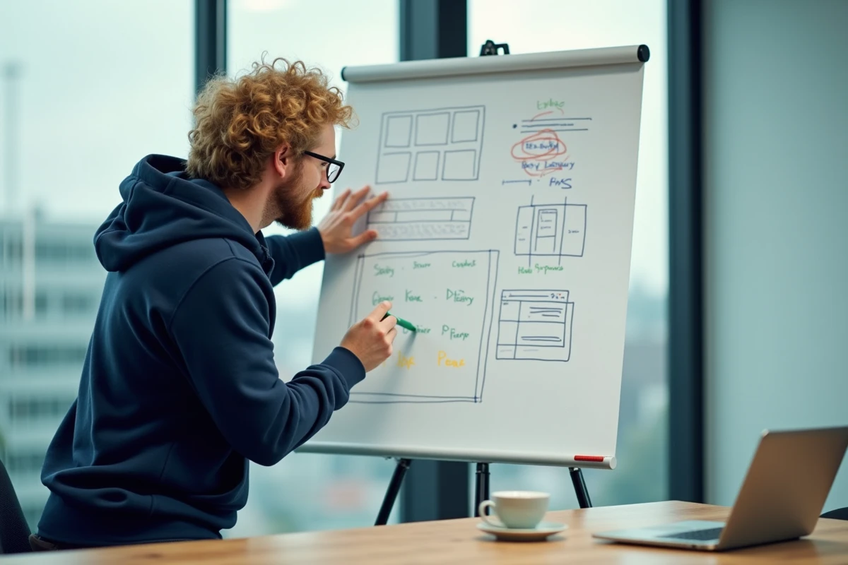 Développeur front-end expliquant la structure d'une mise en page web flex sur un tableau blanc en salle de réunion