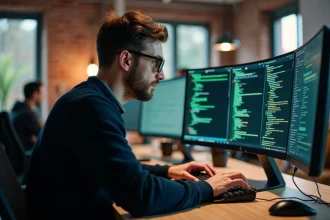 Développeur configurant un projet sécurisé avec secmodel sur un terminal dans un bureau moderne