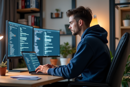 Jeune developpeur web concentré sur son ordinateur dans un bureau moderne