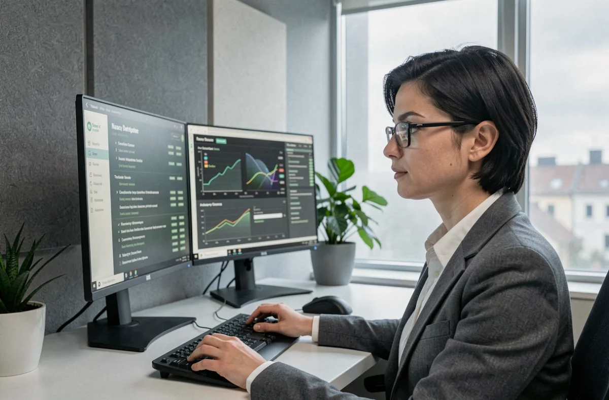 Analyste en cybersécurité de Dhala travaillant sur des tableaux de bord de détection de menaces dans ses bureaux de Nancy