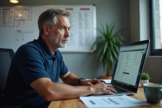 Dirigeant de club sportif utilisant le logiciel Gesthand sur un ordinateur portable dans son bureau pour gérer les inscriptions des joueurs
