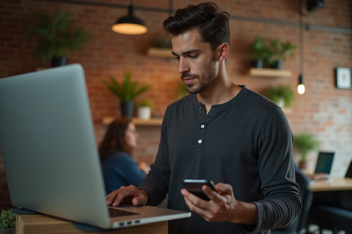 Collaborateur effectuant une double authentification sur laptop et smartphone dans un espace de coworking