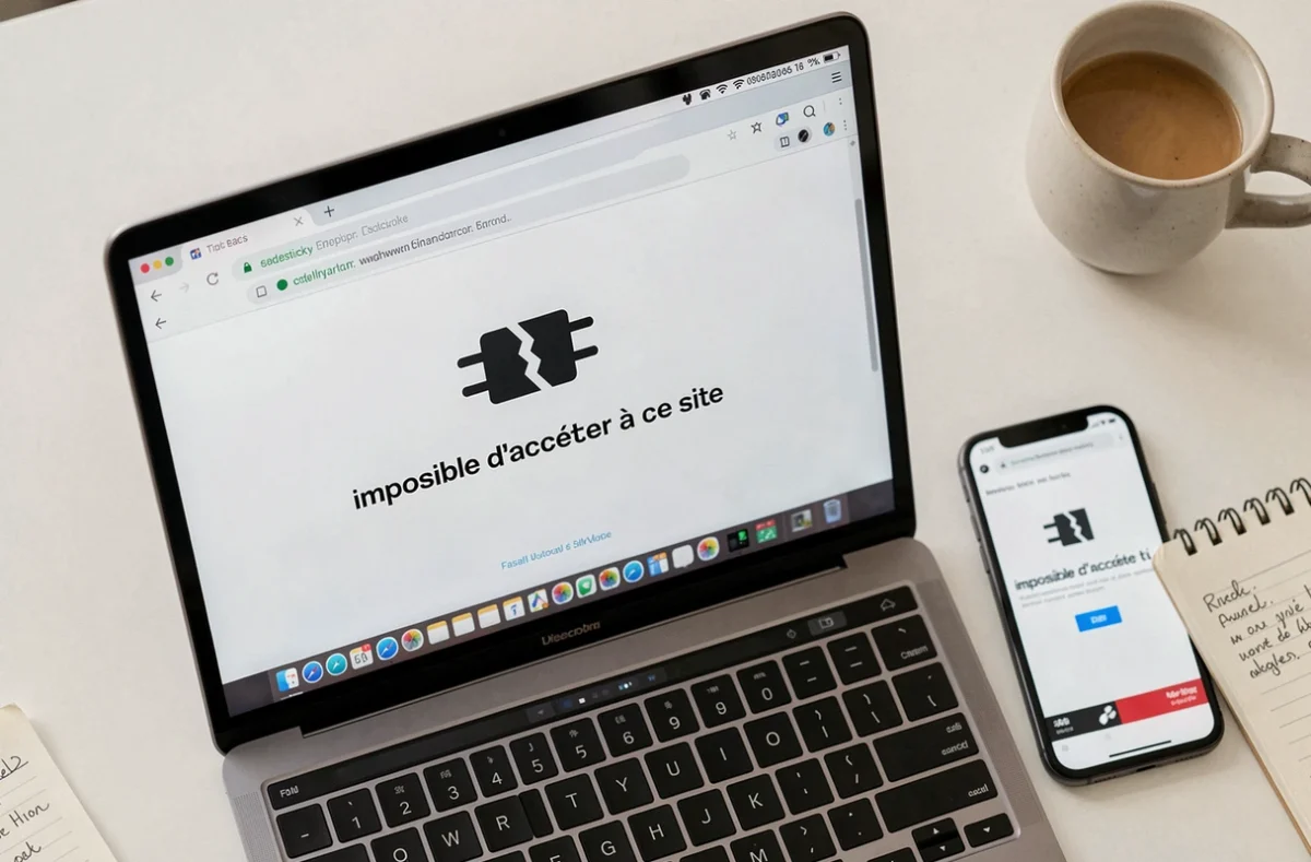 Vue de dessus d'un écran d'ordinateur portable affichant une erreur de connexion au portail avec un smartphone posé à côté